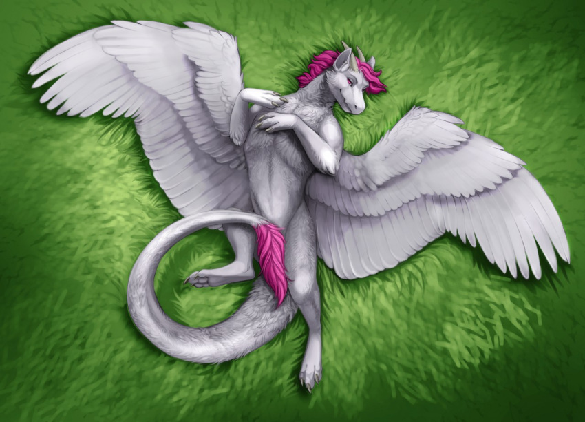 2016 bird's-eye_view claws convenient_censorship digital_media_(artwork) dragon feathered_wings feathers feral fur furred_dragon grass grey_claws hair high-angle_view looking_at_viewer lying male nylla on_back pink_eyes pink_hair quadruped solo tail_censorship tail_tuft theowlette tuft white_body white_feathers white_fur white_tail white_wings wings