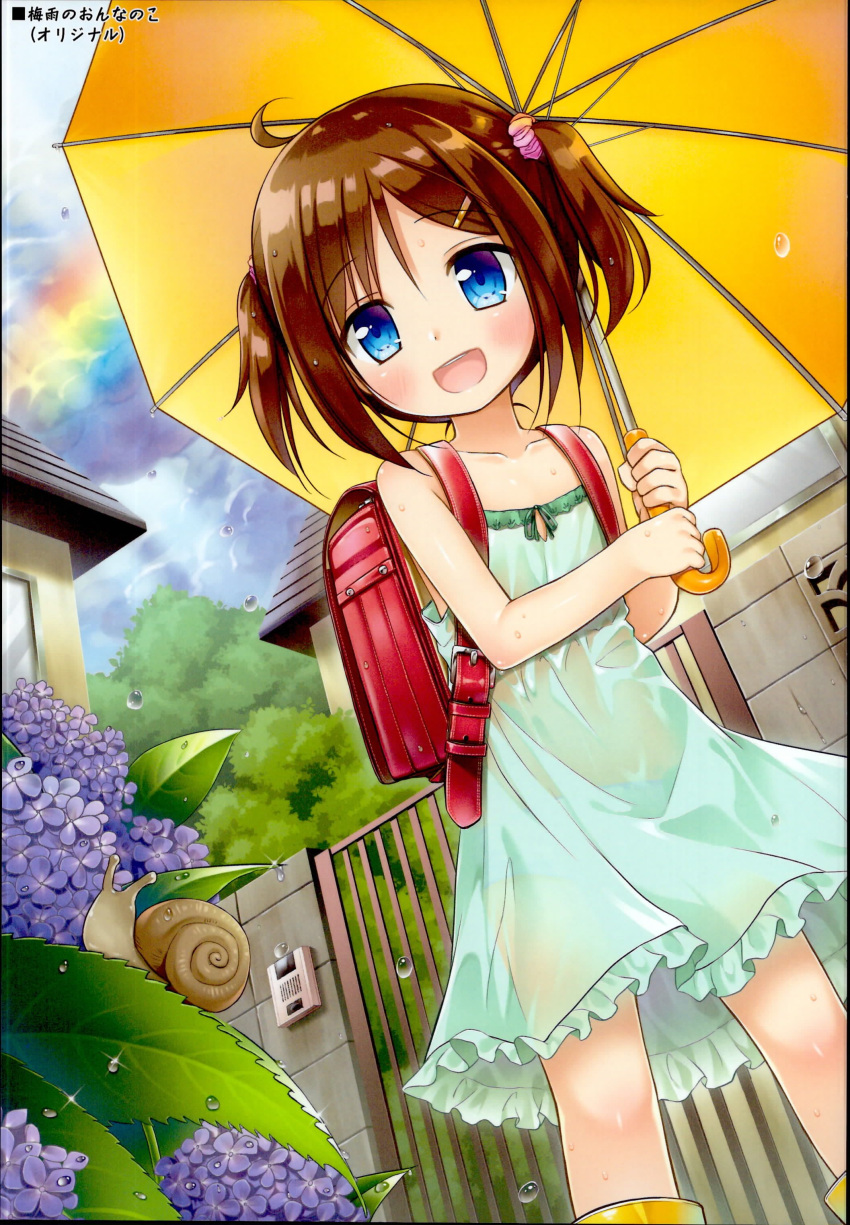 1girl :d absurdres backpack bag bare_arms bare_shoulders blue_eyes boots brown_hair building child cloud day dress eyebrows_visible_through_hair flower gate green_dress hair_ornament hairclip highres holding holding_umbrella house hydrangea open_mouth original outdoors plant rain rainbow randoseru rubber_boots scrunchie see-through short_hair sky sleeveless sleeveless_dress smile snail solo sundress two_side_up umbrella wall water_drop wet wet_clothes wet_dress yellow_footwear yellow_umbrella yukino_minato