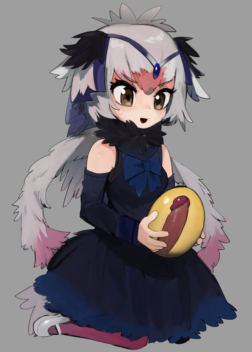 2020 animal_humanoid avian avian_humanoid bird bird_humanoid bodily_fluids clothed clothing common_ostrich_(kemono_friends) erection genitals gynomorph hair head_wings hi_res holding_object humanoid humanoid_genitalia humanoid_penis intersex kemono_friends liteu mastur masturbation open_mouth penetration penis simple_background solo sweat white_hair wings yellow_eyes