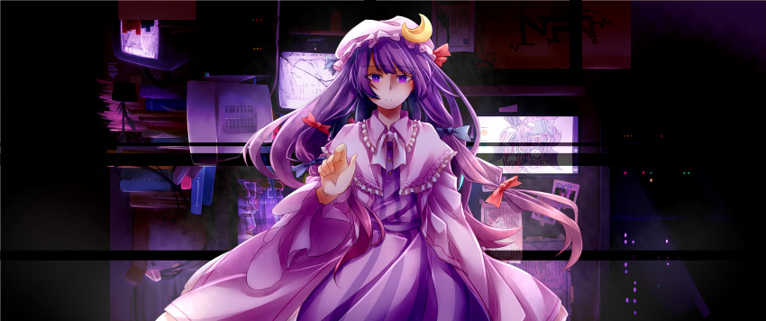 1girl :o absurdres bat_wings book_stack bookmark box broken building cable capelet cardboard_box chair city_lights crescent crescent_moon_pin crystal dated dress english_commentary eyebrows_visible_through_hair gradient_hair hair_ribbon hat head_wings hexagram highres ieka koakuma long_hair long_sleeves looking_at_viewer messy_room mob_cap monitor multicolored_hair necktie news night paper patchouli_knowledge purple_dress purple_eyes purple_hair reaching_out red_eyes red_hair red_neckwear ribbon shirt sidelocks solo striped striped_shirt table touhou tress_ribbon upside-down vertical-striped_shirt vertical_stripes very_long_hair white_neckwear wide_sleeves window wings