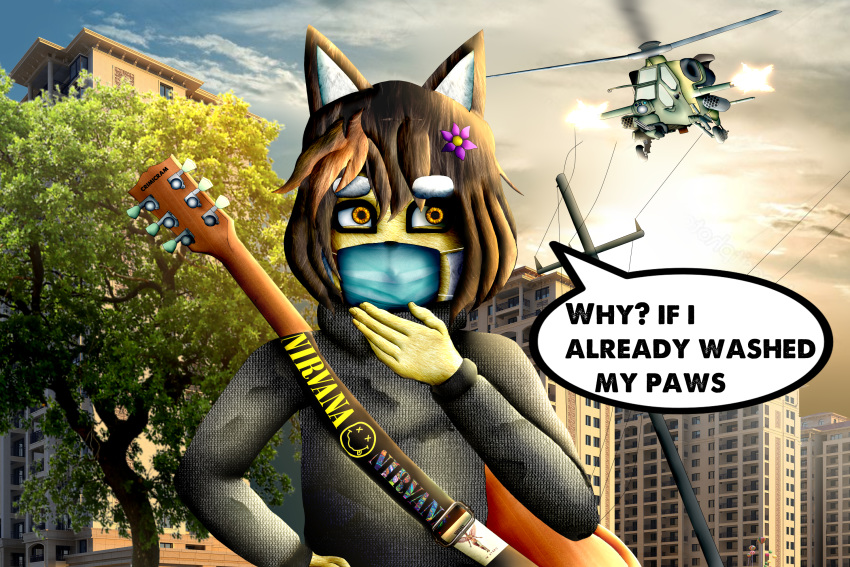 3:2 accessory ailurid aircraft anthro brown_hair cable city clothing coronavirus crlmicram cute_fangs dialogue dialogue_box dipstick_ears domestic_cat face_mask fangs felid feline felis female firing flower flower_in_hair for_a_head fur glistening glistening_eyes guitar guitarist hair hair_accessory hand_on_mouth headgear headwear helicopter hi_res humanoid_hands humor hybrid les_paul looking_away looking_up mammal mask multicolored_body multicolored_ears multicolored_fur musical_instrument nirvana object_head orange_eyes outside plant plucked_string_instrument reaction_image red_panda scared shooting shooting_range short_hair solo solo_focus speech_bubble street_lamp string_instrument sun sunset sweater text topwear tree two_tone_body two_tone_fur white_body white_fur wire yellow_body yellow_fur