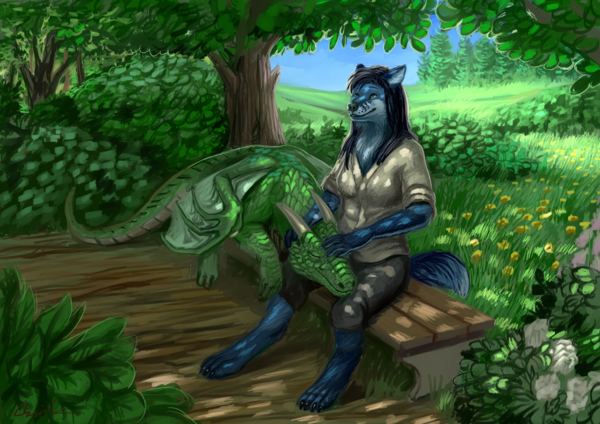 2020 4_toes 5_fingers anthro barefoot blue_body blue_fur borophagine canid canine claws cloth couple_(disambiguation) day detailed_background digital_media_(artwork) digitigrade dragon duo epicyon female feral fingers fox fur green_body green_eyes green_scales greeny_(odisaodi) hair horn hybrid male mammal membrane_(anatomy) membranous_wings milly_(millcore) outside rhaenjarr scales scalie sky smile toes western_dragon wings