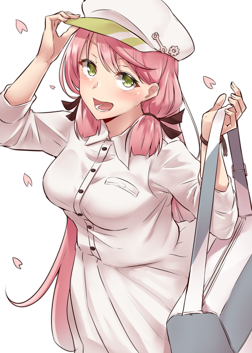 1girl :d absurdres akashi_(kantai_collection) alternate_costume bag blush casual from_above green_eyes hair_ribbon hat_ornament highres holding holding_bag kantai_collection kiritto long_hair long_skirt looking_at_viewer open_mouth pink_hair pink_shirt pink_skirt pleated_skirt ribbon shirt skirt smile solo tress_ribbon watch wristwatch