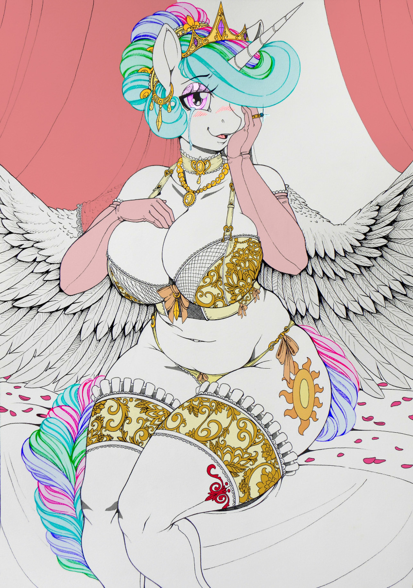 absurd_res anthro big_breasts blush bodily_fluids bra breasts cleavage clothed clothing curtains equid female friendship_is_magic hi_res holding_breast horn longinius mammal my_little_pony panties princess_celestia_(mlp) sfmqueen solo tears underwear winged_unicorn wings