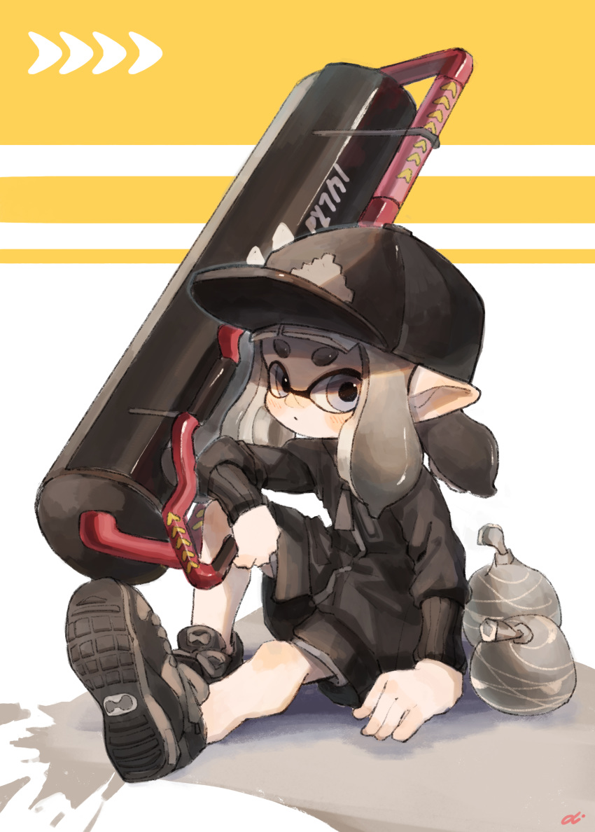 1girl absurdres anko2552 artist_name bangs baseball_cap black_footwear black_headwear black_shirt black_shorts blunt_bangs burst_bomb_(splatoon) carbon_roller_(splatoon) closed_mouth domino_mask grey_eyes grey_headwear gym_shorts hat highres holding holding_weapon inkling long_sleeves looking_at_viewer mask medium_hair no_legwear paint_splatter pointy_ears print_headwear shirt shoes shorts signature sitting sneakers solo splatoon_(series) weapon