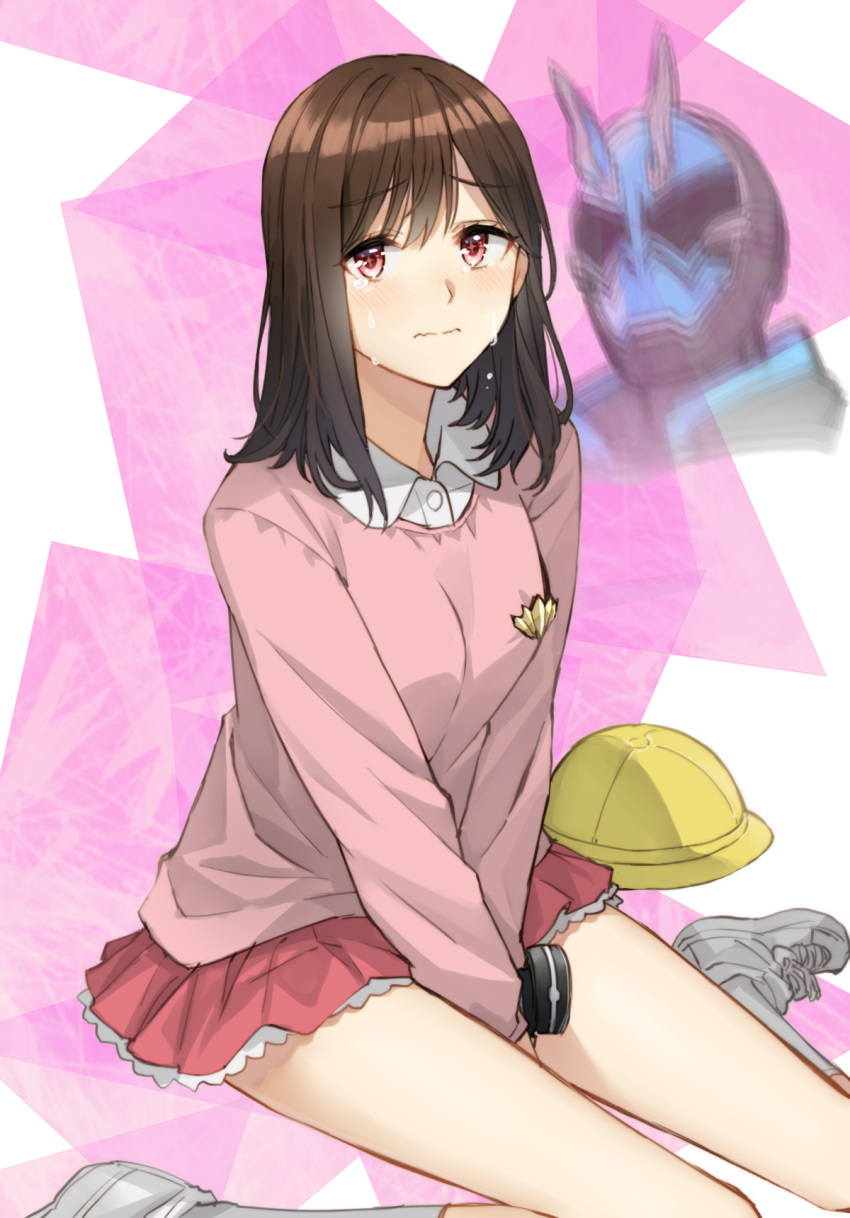 1girl bangs between_legs blush breasts brown_hair character_request closed_mouth collared_shirt crying crying_with_eyes_open dress_shirt eyebrows_visible_through_hair hand_between_legs hat hat_removed headwear_removed highres long_hair looking_at_viewer motion_blur pink_shirt pleated_skirt red_eyes red_skirt school_hat shirt shoes sitting skirt small_breasts socks solo_focus somechime_(sometime1209) tears ultraman_r/b wariza wavy_mouth white_footwear white_legwear white_shirt yellow_headwear