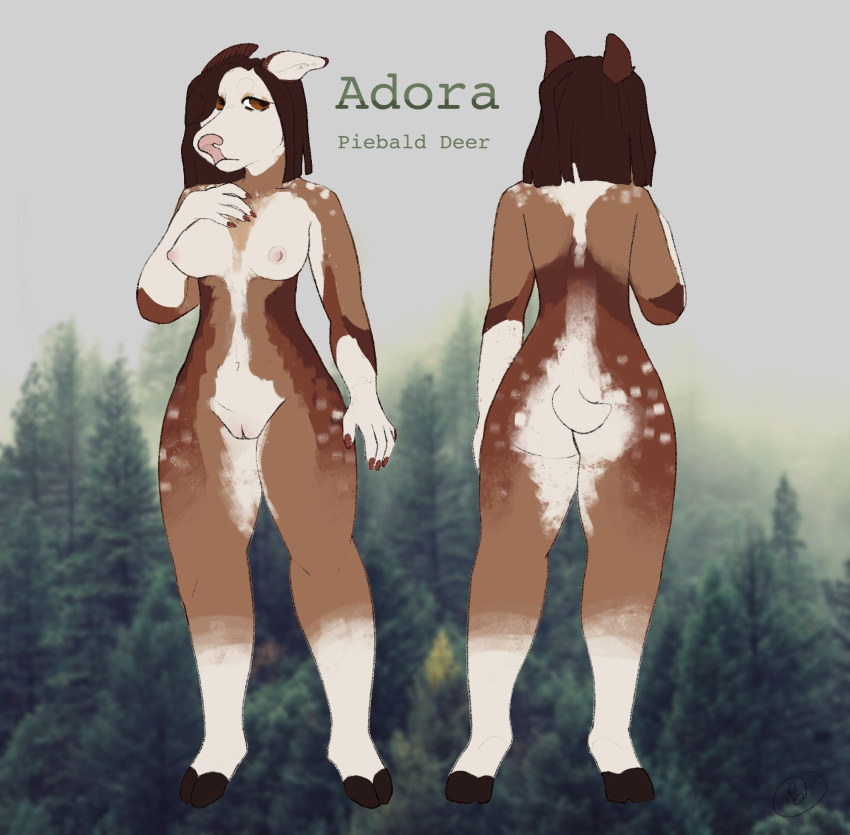 adora_(cvlt_stvff) anthro breasts brown_body brown_eyes brown_fur brown_hair cervid cvlt_stvff female fur genitals hair hi_res hooves mammal model_sheet mottled multicolored_body multicolored_fur nipples piebald pussy short_hair small_tail solo two_tone_body two_tone_fur