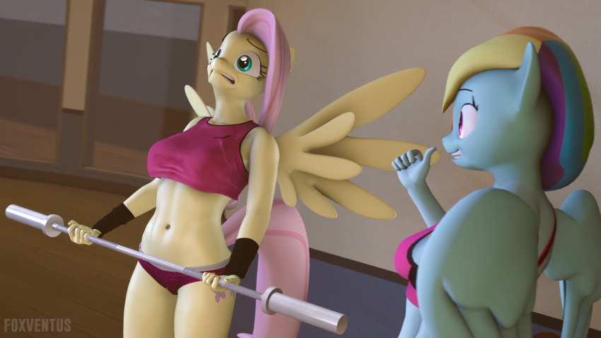 16:9 3d_(artwork) 4k absurd_res anthro big_breasts breasts clothed clothing digital_media_(artwork) duo equid equine exercise fluttershy_(mlp) foxventus friendship_is_magic hi_res mammal my_little_pony pterippus rainbow_dash_(mlp) weightlifting widescreen wings workout