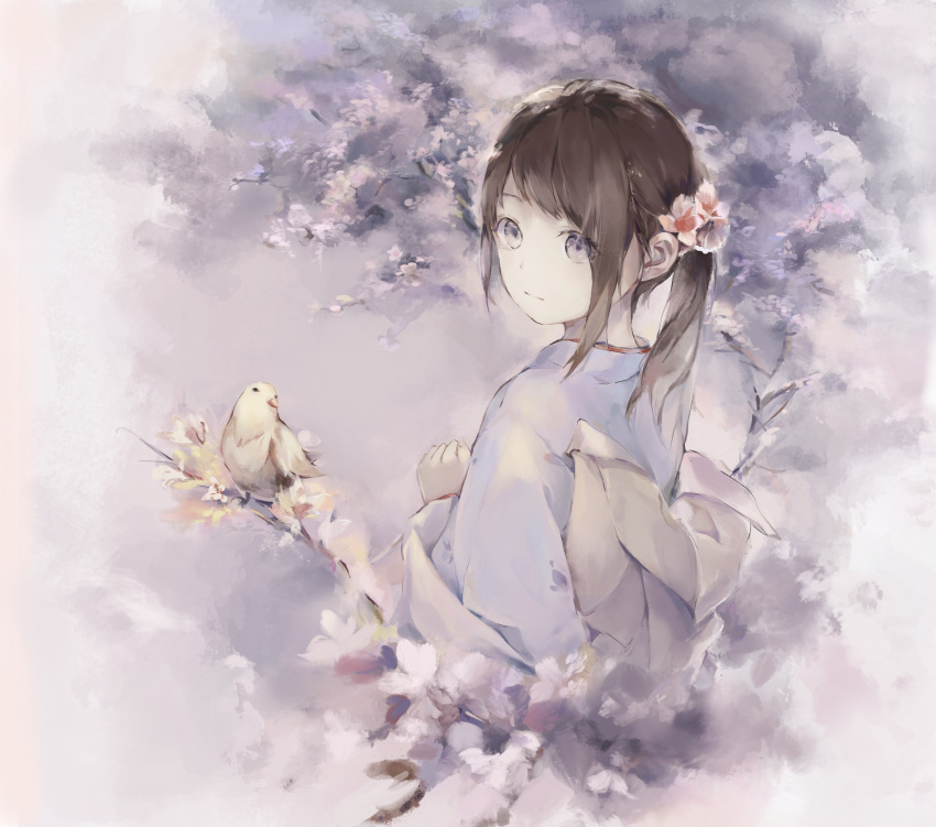 1girl absurdres animal bangs bird blue_kimono brown_flower brown_hair closed_mouth commentary_request flower grey_eyes hair_flower hair_ornament hanagin highres japanese_clothes kimono long_hair long_sleeves original side_ponytail sidelocks solo tree_branch upper_body white_flower wide_sleeves