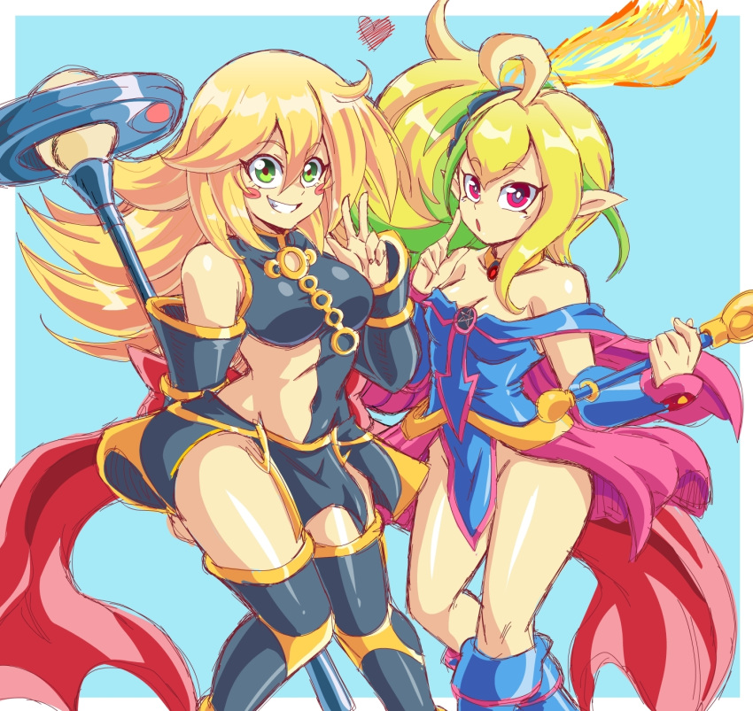 2girls ahoge aqua_background asymmetrical_clothes asymmetrical_hair bare_shoulders black_legwear blonde_hair blush_stickers bocodamondo boots border cosplay costume_switch covered_navel dark_magician_girl duel_monster eyebrows_visible_through_hair feet_out_of_frame green_eyes green_hair hair_between_eyes heart highres index_finger_raised long_hair multicolored_hair multiple_girls no_panties parted_lips pentagram red_eyes sevens_road_witch side_ponytail simple_background smile staff thigh_boots thighhighs two-tone_hair w wand white_border yuu-gi-ou
