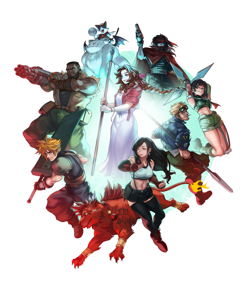 3girls 6+boys absurdres aerith_gainsborough arm_cannon barret_wallace black_hair blonde_hair brown_hair buster_sword cait_sith cid_highwind cloud_strife cropped_jacket dark_skin dark_skinned_male everyone final_fantasy final_fantasy_vii final_fantasy_vii_remake highres jacket megaphone multiple_boys multiple_girls open_fly polearm red_xiii shuriken simple_background sleeveless spear staff sword tifa_lockhart torn_clothes torn_sleeves vincent_valentine voodoothur weapon yuffie_kisaragi