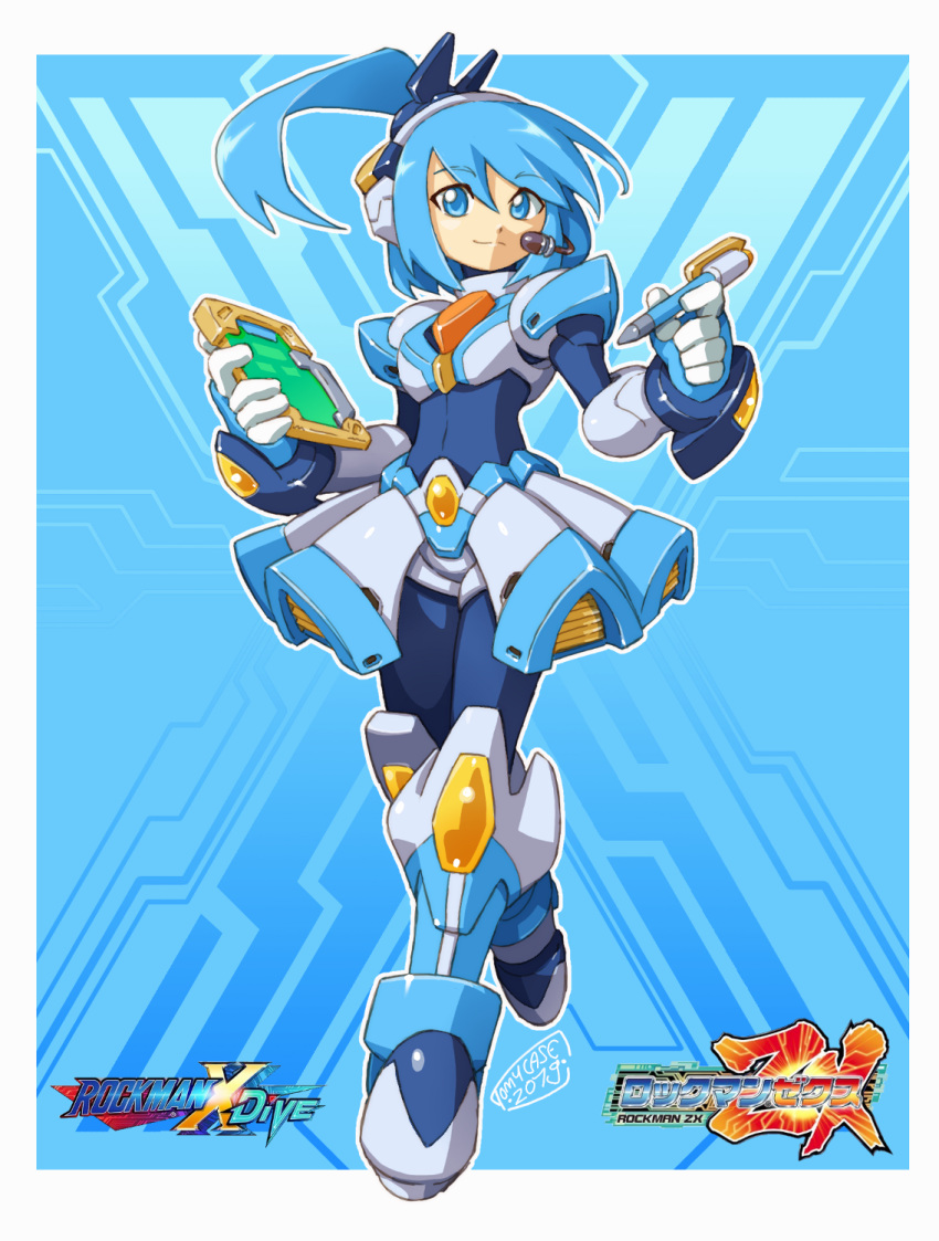 1girl aqua_eyes aqua_hair armor eyebrows_visible_through_hair headphones highres holding navigator rico_(rockman) rockman rockman_x rockman_x_dive rockman_zx side_ponytail smile stylus tomycase