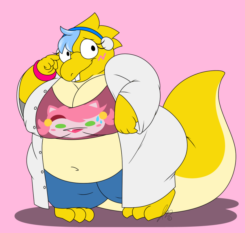 alphys anthro barefoot belly belly_overhang big_belly big_breasts big_tail blue_hair blush bottomwear bracelet breasts buckteeth cleavage clothed clothing coat crop_top earmuffs eyewear female glasses hair head_tuft hi_res huge_breasts huge_hips huge_thighs jewelry jouigidragon lab_coat looking_at_viewer midriff multicolored_body multicolored_scales navel nipple_outline non-mammal_breasts obese obese_female overweight overweight_female pants pigeon_toed reptile scales scalie shirt smile solo standing teeth thick_tail thick_thighs three-quarter_view topwear tuft two_tone_body two_tone_scales undertale video_games wide_hips yellow_body yellow_scales