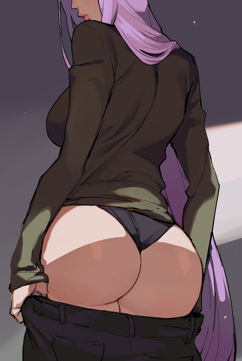 1girl ass black_panties commentary ennuigrl fate/grand_order fate/stay_night fate_(series) green_sweater grey_background highres holding_pants long_hair long_sleeves out_of_frame panties pants pants_removed pink_lips purple_hair rider sweater underwear very_long_hair