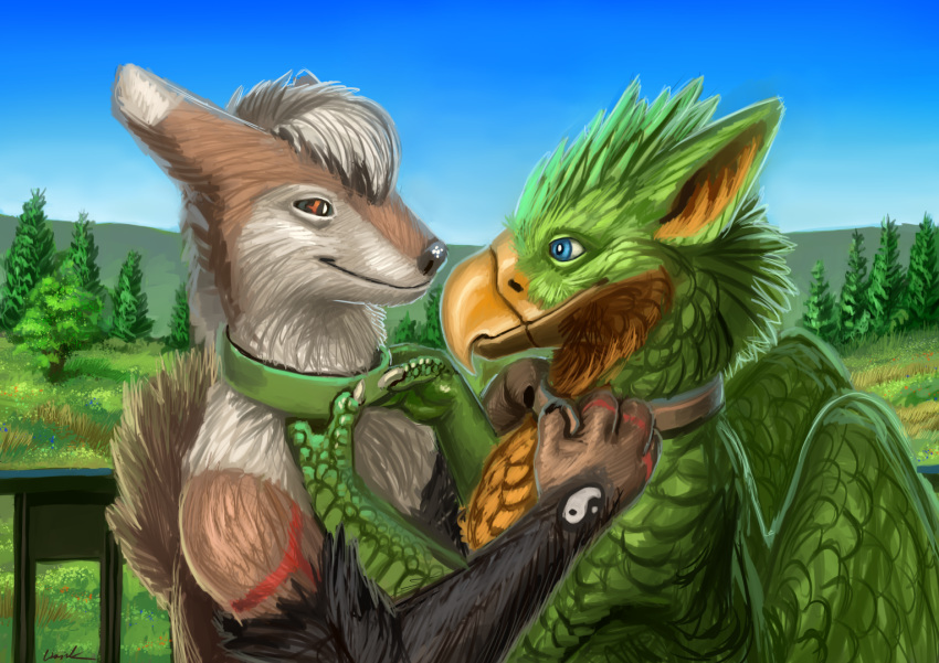 2020 avian beak canid canine collar day detailed_background digital_media_(artwork) duo green_body green_scales grey_nose gryphon mammal mythological_avian mythology orange_beak orange_eyes outside rhaenjarr scales sky smile