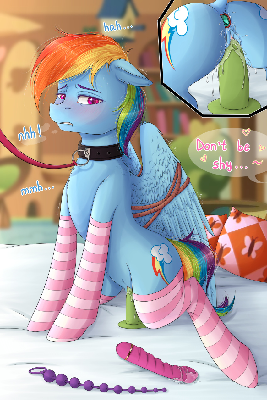 absurd_res anal anal_beads anal_penetration bdsm bodily_fluids bondage bound buttplug collar dildo dildo_sitting equid equine female feral friendship_is_magic genital_fluids hi_res leash mammal my_little_pony neira_(artist) penetration pillow pterippus pussy_juice rainbow_dash_(mlp) rope sex_toy submissive submissive_female vaginal vaginal_penetration wings