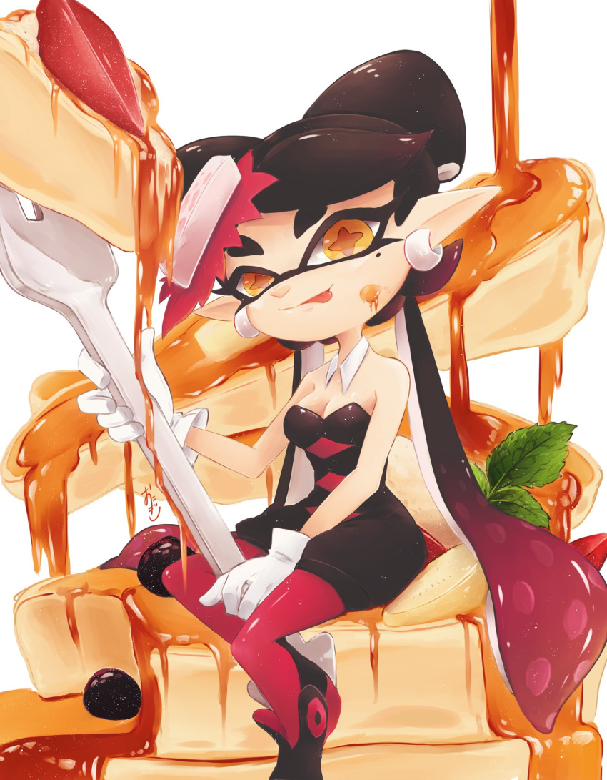 +_+ :p aori_(splatoon) artist_name bangs black_footwear black_hair black_jumpsuit blueberry breasts brown_eyes closed_mouth collar commentary detached_collar domino_mask earrings food food_on_face food_on_head fruit gloves gradient_hair highres holding holding_spoon jewelry licking_lips long_hair looking_at_viewer mask medium_breasts mole mole_under_eye multicolored_hair object_on_head okome_2g2g oversized_object pancake pantyhose pointy_ears red_hair red_legwear shoes short_jumpsuit signature sitting smile splatoon_(series) splatoon_1 spoon strapless strawberry swept_bangs symbol_commentary syrup tentacle_hair tied_hair tongue tongue_out very_long_hair white_background white_collar white_gloves wing_collar