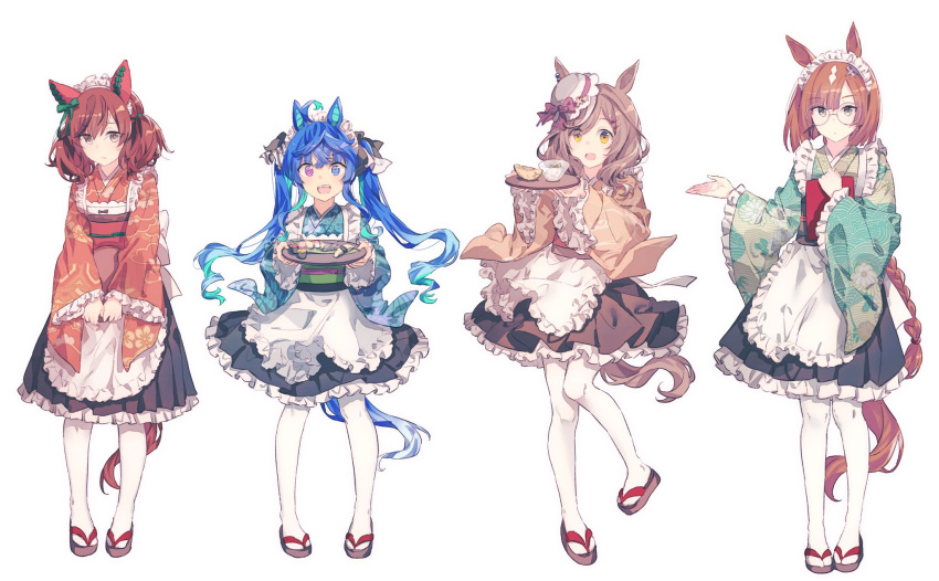 4girls ahoge animal_ears apron blue_eyes blue_hair brown_hair closed_mouth food glasses gocoli hat heterochromia highres horse_ears horse_girl horse_tail ikuno_dictus_(umamusume) maid maid_apron maid_headdress matikane_tannhauser_(umamusume) multiple_girls nice_nature_(umamusume) open_mouth plate red_eyes red_hair sharp_teeth simple_background sushi tail teeth twin_turbo_(umamusume) twintails umamusume white_background white_legwear zouri