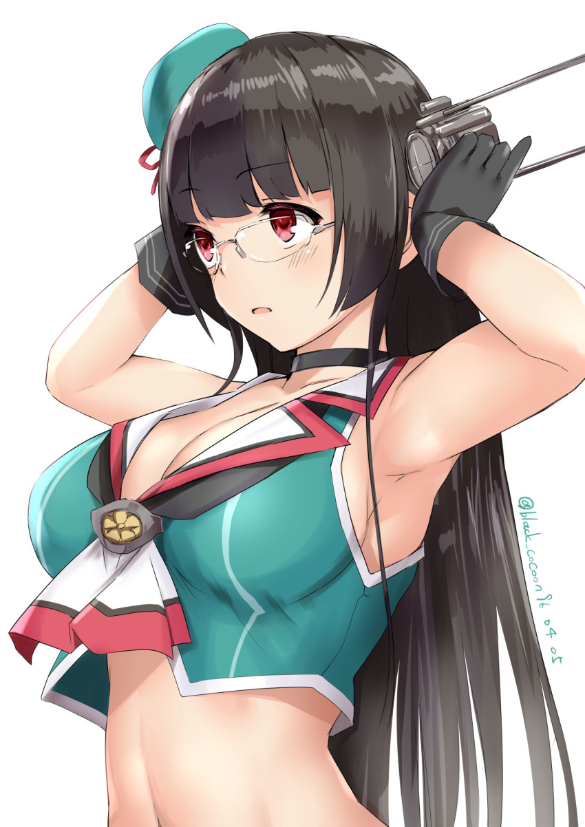 1girl aqua_headwear arms_up beret black_gloves black_hair breasts choukai_(kantai_collection) cleavage glasses gloves hair_ornament hat headgear highres kantai_collection kuromayu large_breasts long_hair midriff red_eyes remodel_(kantai_collection) rimless_eyewear simple_background solo white_background