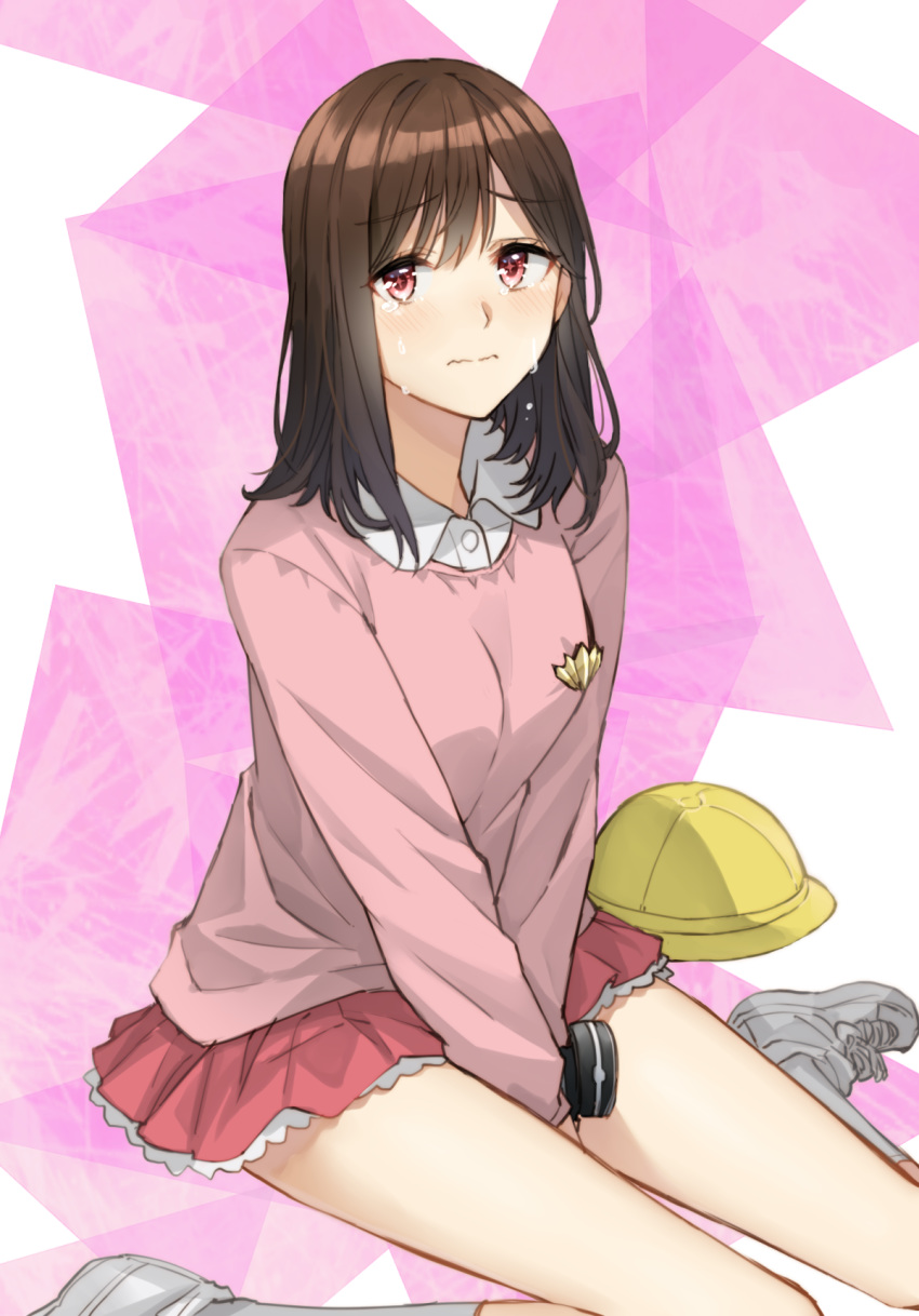 1girl bangs between_legs blush breasts brown_hair character_request closed_mouth collared_shirt crying crying_with_eyes_open dress_shirt eyebrows_visible_through_hair hand_between_legs hat hat_removed headwear_removed highres long_hair looking_at_viewer pink_shirt pleated_skirt red_eyes red_skirt school_hat shirt shoes sitting skirt small_breasts socks solo somechime_(sometime1209) tears ultraman_r/b wariza wavy_mouth white_footwear white_legwear white_shirt yellow_headwear