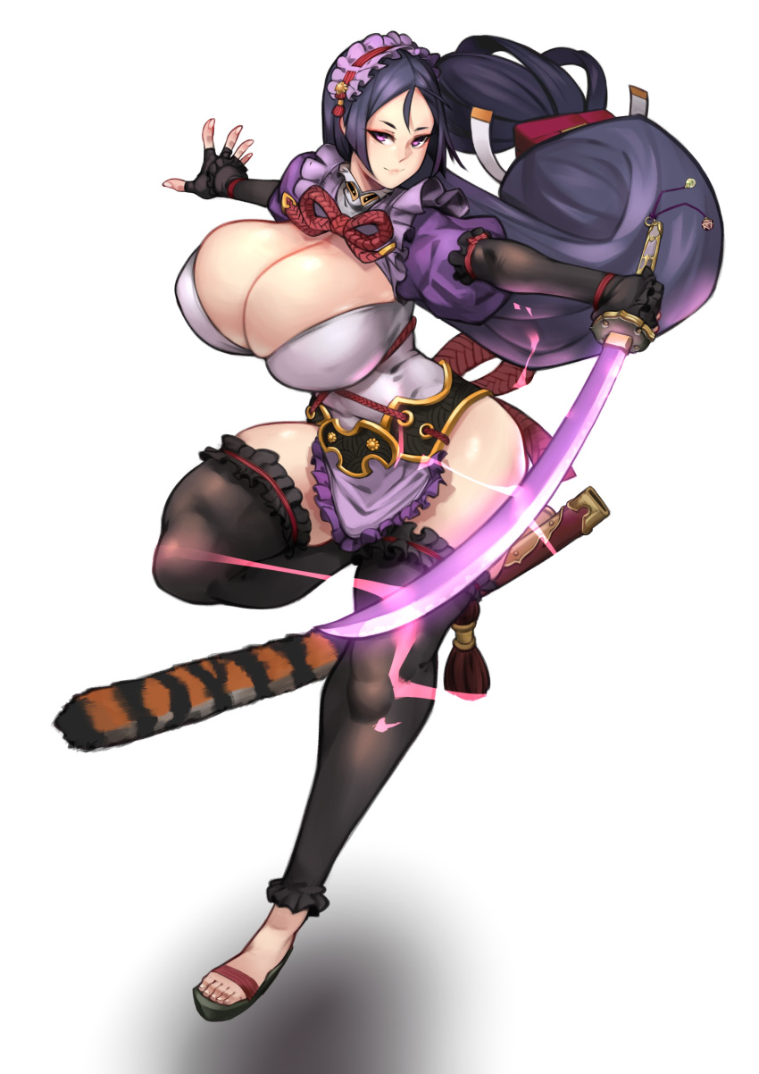 1girl absurdres action alternate_costume apron black_gloves black_hair breasts cleavage cleavage_cutout commission commissioner_upload elbow_gloves enmaided fate/grand_order fate_(series) fingerless_gloves full_body garters gloves glowing glowing_sword glowing_weapon highres holding holding_sword holding_weapon huge_breasts katana kelvin_hiu long_hair low-tied_long_hair maid maid_headdress minamoto_no_raikou_(fate/grand_order) puffy_short_sleeves puffy_sleeves purple_eyes rope sandals scabbard sheath shimenawa short_sleeves solo sword thick_thighs thighhighs thighs toes very_long_hair waist_apron weapon