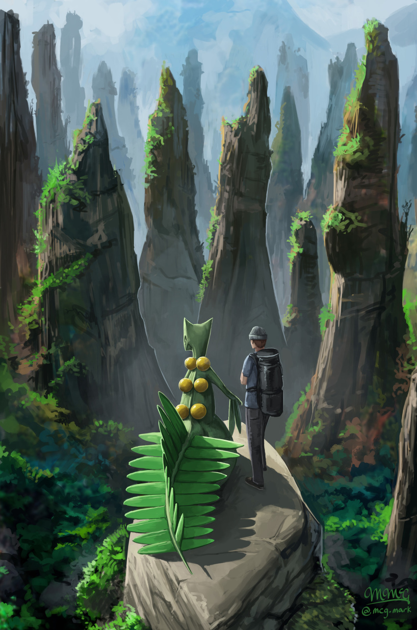 ambiguous_gender backpack butt-berry clothed clothing cloud day detailed_background duo hi_res human male mammal nintendo outside plant pok&eacute;mon pok&eacute;mon_(species) pok&eacute;mon_trainer rock sceptile signature standing video_games