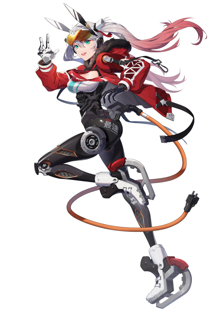 1girl :d absurdres aqua_eyes cable cyborg eyebrows_visible_through_hair eyewear_on_head full_body fur_trim gradient_hair highres hood hood_down hooded_jacket ice_skates jacket long_hair looking_at_viewer mecha_musume mechanical_ears multicolored_hair nori_tamahana open_mouth original parts_exposed power_cord red_hair robot_joints skates smile solo sunglasses twintails two-tone_hair upper_teeth waving white_background white_hair