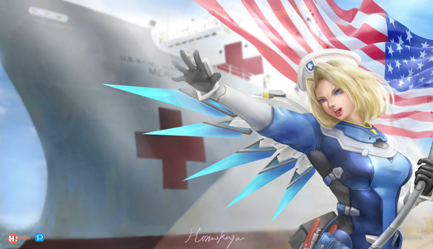 1girl absurdres alternate_hairstyle alternate_wing_color american_flag armband artist_name belt beret black_gloves blonde_hair blue_bodysuit blue_eyes blue_sky blue_wings blurry blurry_background bodysuit breasts combat_medic_ziegler commentary english_commentary flag gloves hat highres holding holding_flag honookayn hospital_ship long_sleeves looking_to_the_side mechanical_wings medium_breasts medium_hair mercy_(overwatch) nose nurse_cap open_mouth outdoors outstretched_arm overwatch patreon_logo pixiv_logo pliers red_cross signature skin_tight sky solo upper_body usns_mercy_(hospital_ship) utility_belt white_headwear wind wings