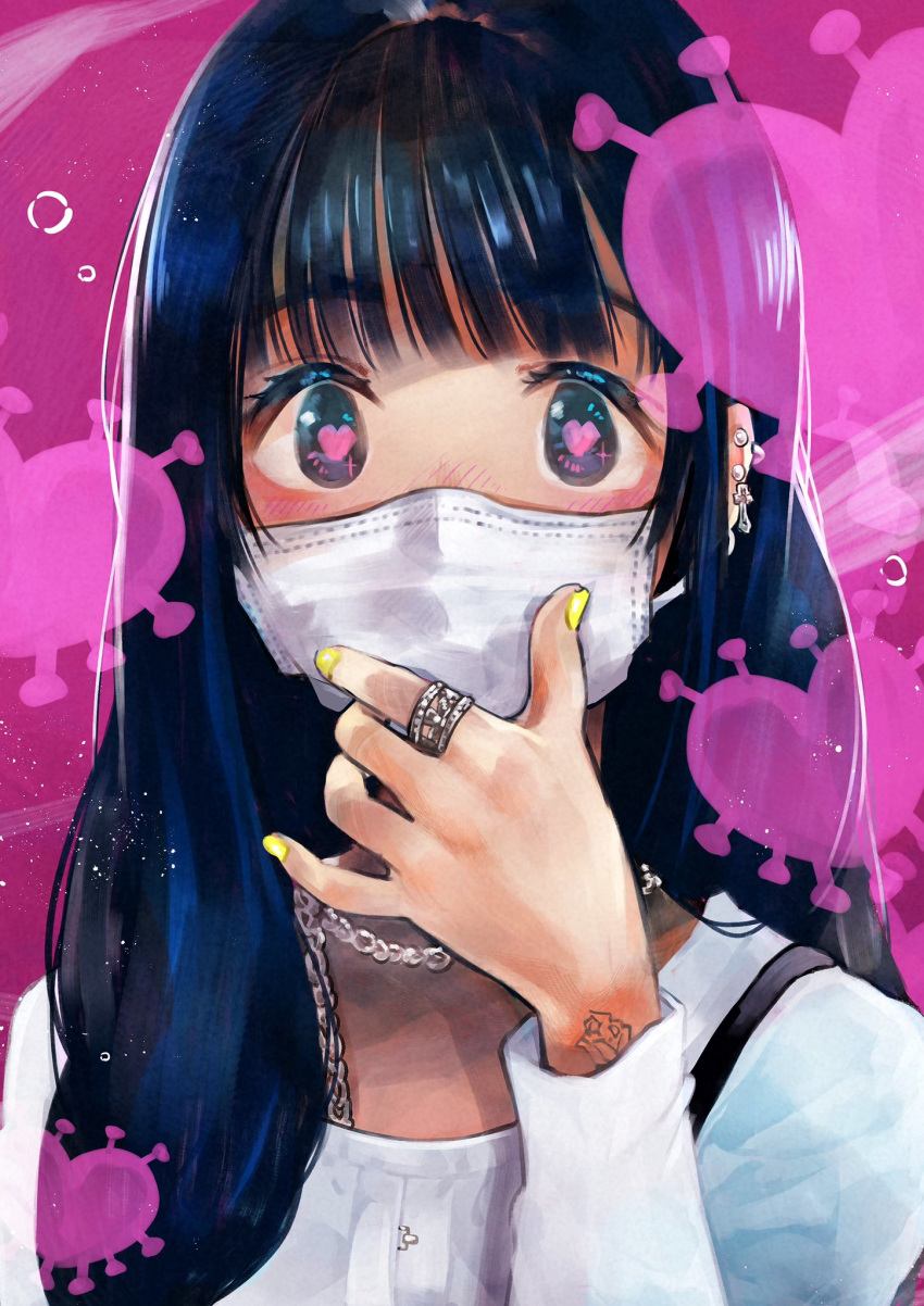 1girl aqua_eyes bag blue_hair blush chain_necklace coronavirus_pandemic ear_piercing earrings heart heart-shaped_pupils highres jewelry long_hair looking_at_viewer mask mouth_mask nail_polish original piercing portrait rainys_bill ring solo surgical_mask sweater symbol-shaped_pupils tattoo virus white_sweater yellow_nails