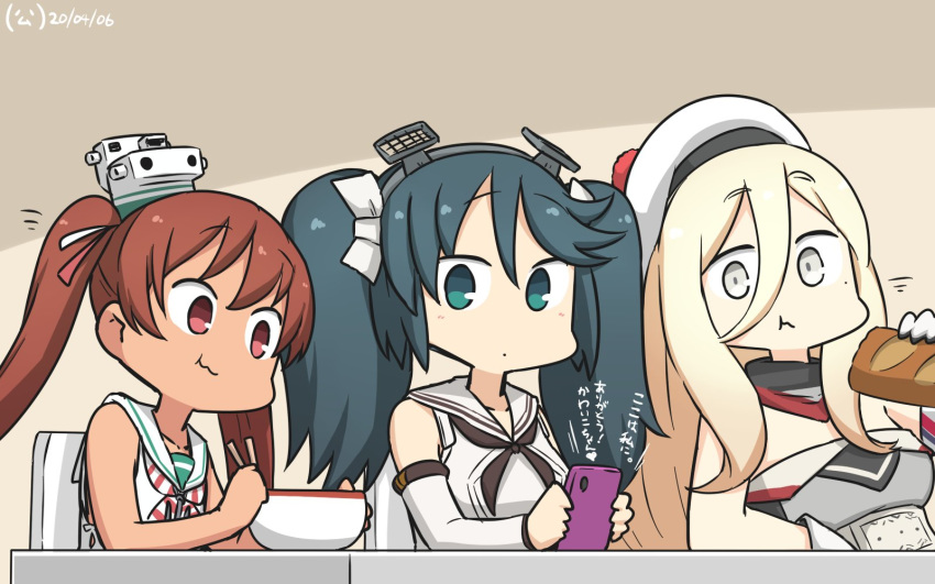 3girls baguette beret blonde_hair blue_hair bowl bread brown_eyes brown_hair cellphone chopsticks commentary_request dining_room dress eating food gloves green_eyes hair_between_eyes hair_ribbon hamu_koutarou hat highres indoors isuzu_(kantai_collection) italian_flag kantai_collection leaning_back libeccio_(kantai_collection) light_blue_eyes long_hair mole mole_under_eye mole_under_mouth multicolored multicolored_clothes multicolored_dress multicolored_gloves multicolored_scarf multiple_girls phone pom_pom_(clothes) ribbon richelieu_(kantai_collection) sailor_dress scarf sitting sleeveless sleeveless_dress smartphone strapless strapless_dress striped striped_neckwear translation_request twintails two-tone_dress
