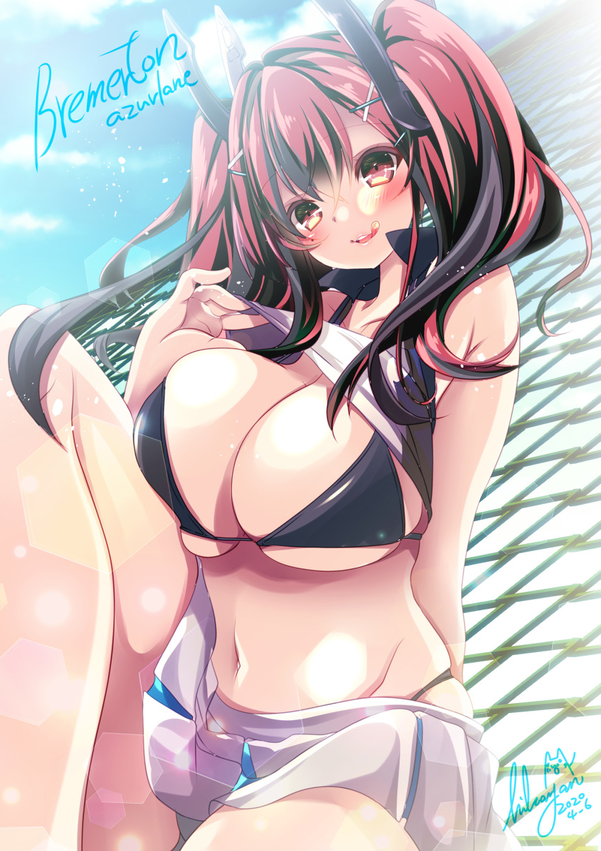 1girl :q arm_behind_back azur_lane bangs bare_legs bare_shoulders bikini black_bikini black_hair blue_sky blush breasts bremerton_(azur_lane) bremerton_(scorching-hot_training)_(azur_lane) chain-link_fence character_name cloud collarbone collared_shirt commentary_request copyright_request cowboy_shot crop_top crossed_bangs dated day eyebrows_visible_through_hair fence green_skirt groin hair_between_eyes hair_intakes hair_ornament hairclip highleg highleg_bikini highres hikanyan holding_racket knee_up large_breasts lens_flare lifted_by_self long_hair looking_at_viewer midriff multicolored_hair navel outdoors panties pantyshot pantyshot_(sitting) parted_lips pink_eyes pink_hair shirt shirt_lift sidelocks signature sitting skirt sky sleeveless sleeveless_shirt smile solo sportswear streaked_hair sunlight sweat swimsuit tennis_uniform tongue tongue_out twintails two-tone_hair two-tone_shirt two-tone_skirt underwear upper_teeth white_shirt white_skirt x_hair_ornament