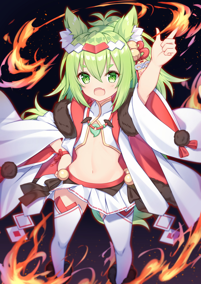 1girl :d absurdres animal_ear_fluff animal_ears arm_up azur_lane bell black_background blurry commentary_request crop_top fang fire flat_chest fox_ears fox_girl fox_tail fur_trim gold_trim green_eyes green_hair hair_ornament hand_on_hip highres isokaze_(azur_lane) isokaze_(new_year's_battle)_(azur_lane) japanese_clothes jewelry jingle_bell long_hair looking_at_viewer midriff miniskirt navel necklace open_mouth pleated_skirt shirt simple_background skirt smile solo standing stomach tail takeg05 thighhighs white_legwear white_shirt white_skirt wide_sleeves zettai_ryouiki