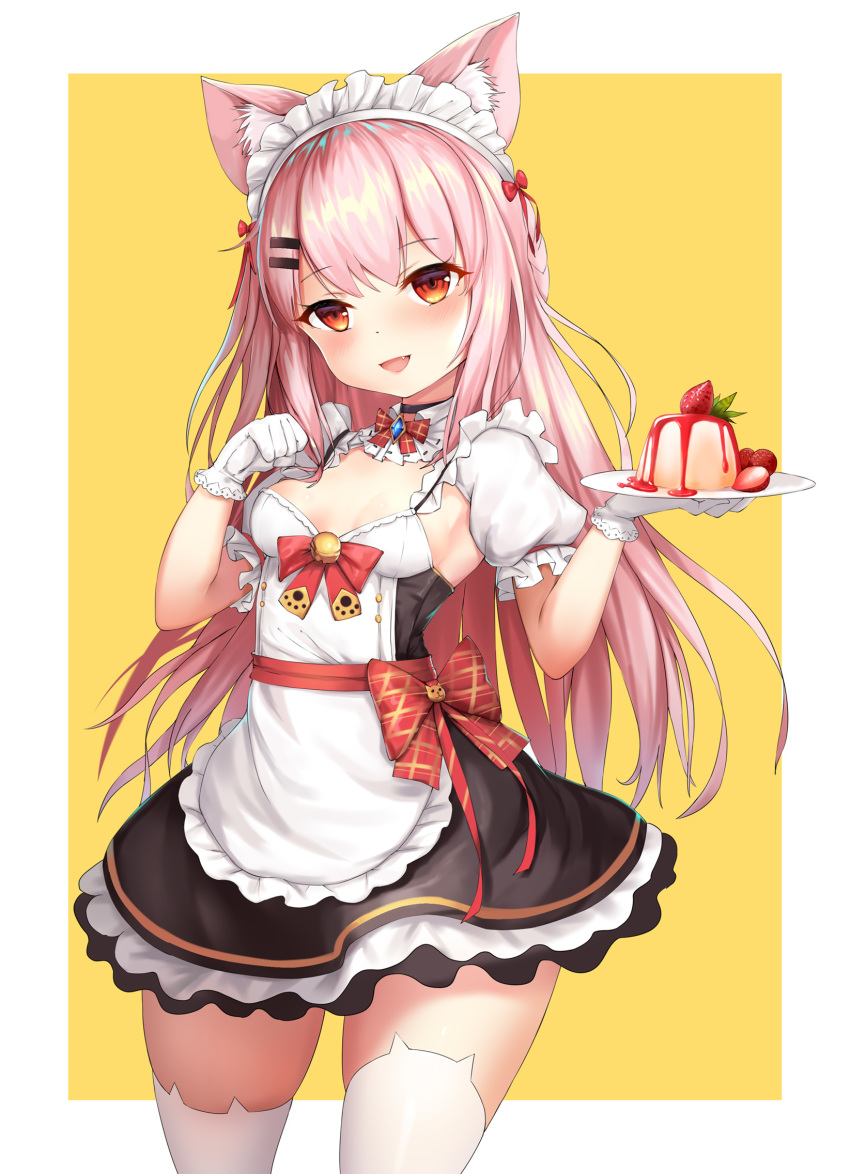 1girl :d animal_band_legwear animal_ear_fluff animal_ears apron bangs bell black_dress blush bow bowtie breasts cat_band_legwear cat_ears cat_girl cleavage cowboy_shot detached_collar dress eyebrows_visible_through_hair fang food frilled_sleeves frills fruit gloves hair_ornament hairclip hand_on_own_chest highres holding holding_plate jingle_bell kyuu_(16901040) long_hair looking_at_viewer maid maid_headdress mini_bowtie open_mouth original pink_hair plate pudding puffy_short_sleeves puffy_sleeves red_bow red_eyes red_neckwear short_sleeves small_breasts smile solo straight_hair strawberry thighhighs very_long_hair white_apron white_gloves white_legwear zettai_ryouiki