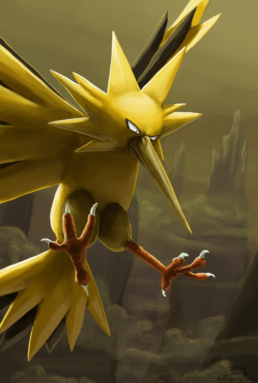 ambiguous_gender beak butt-berry cloud flying hi_res legendary_pok&eacute;mon nintendo pok&eacute;mon pok&eacute;mon_(species) signature solo text url video_games wings zapdos