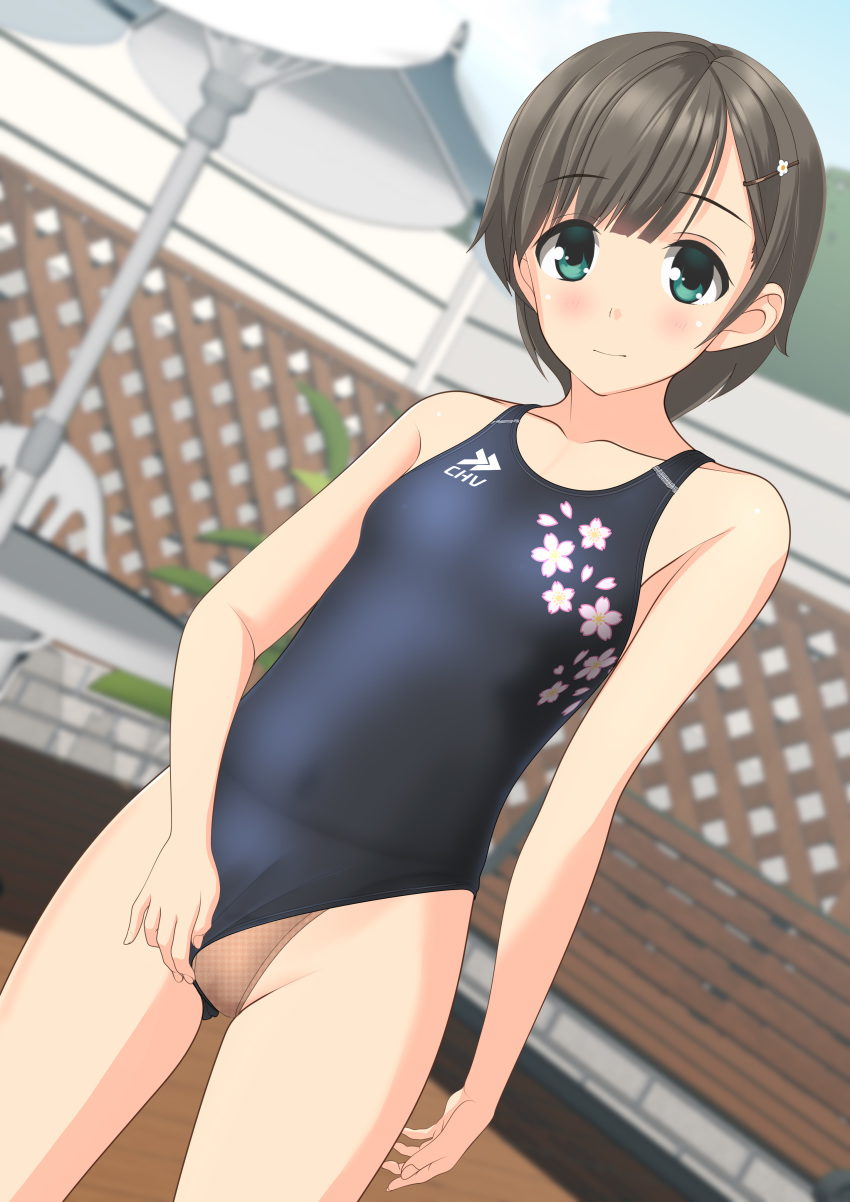 1girl absurdres beach_umbrella beige_panties black_swimsuit blurry brown_hair closed_mouth collarbone competition_swimsuit cowboy_shot depth_of_field dutch_angle fence flat_chest floral_print green_eyes highleg highleg_swimsuit highres logo looking_at_viewer one-piece_swimsuit original panties panties_under_swimsuit short_hair smile solo standing swimsuit swimsuit_aside table takafumi umbrella underwear