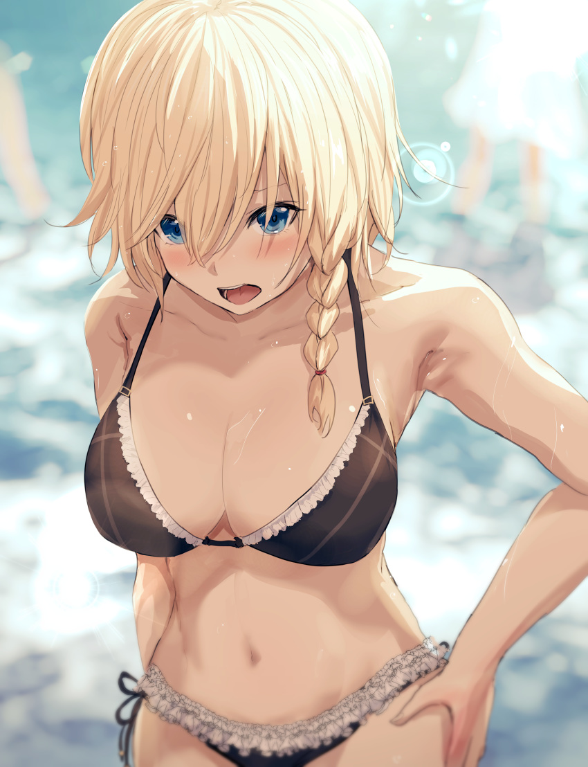 1girl absurdres armpits bikini blue_eyes blurry blush braid breasts cowboy_shot depth_of_field groin hand_on_hip highres kumamoto_nomii-kun lace lace-trimmed_bikini large_breasts looking_at_viewer navel open_mouth original side_braid solo swimsuit wet