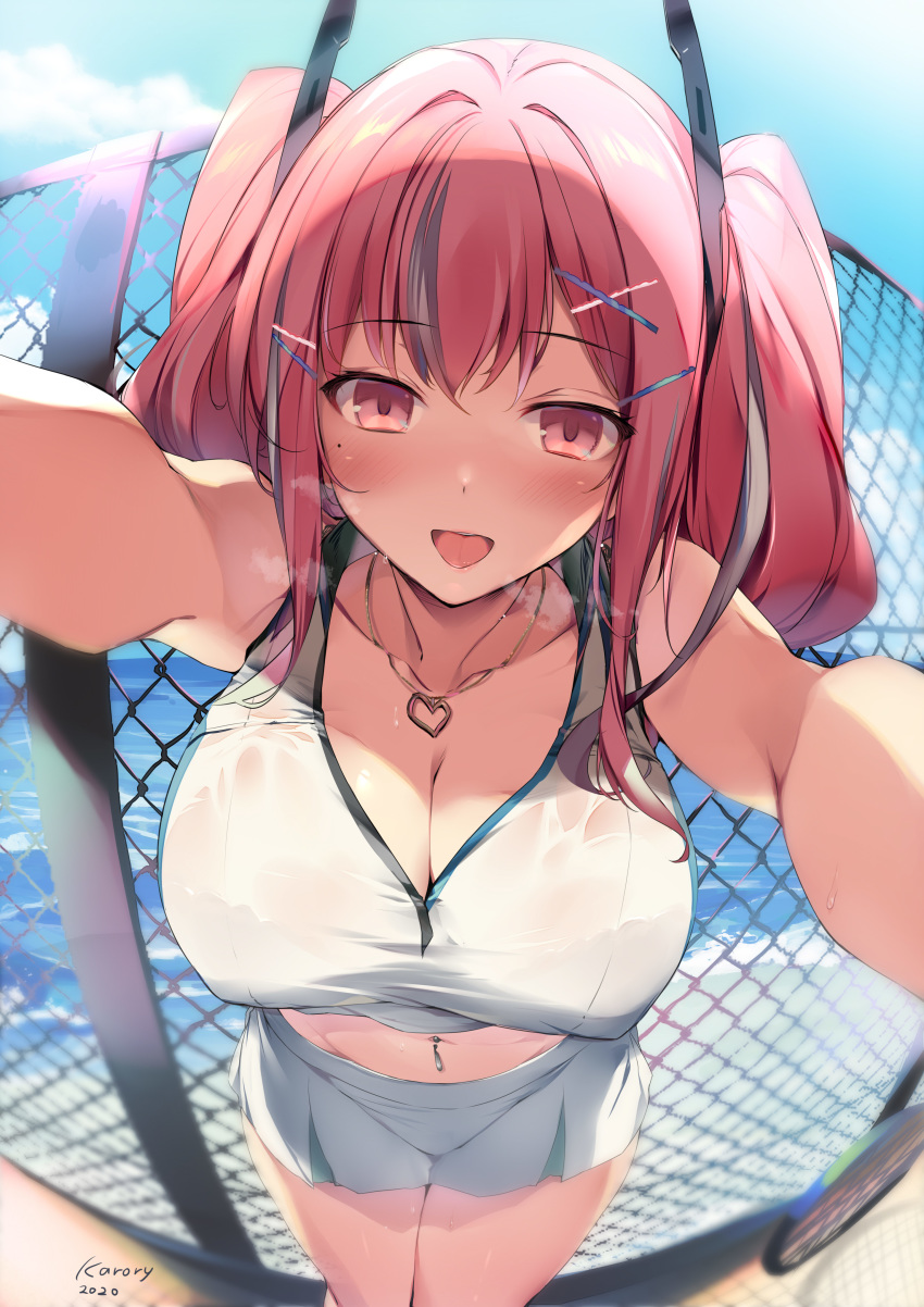 1girl 2020 absurdres artist_name azur_lane bangs bare_shoulders beach blush breasts bremerton_(azur_lane) bremerton_(scorching-hot_training)_(azur_lane) cleavage collarbone commentary_request crop_top eyebrows_visible_through_hair hair_between_eyes hair_ornament hairclip heart heart_necklace heavy_breathing highres karory large_breasts long_hair looking_at_viewer mole mole_under_eye multicolored_hair navel navel_piercing open_mouth outstretched_arms perspective piercing pink_eyes pink_hair pov reaching_out see-through shirt sidelocks signature skirt sleeveless sleeveless_shirt smile sportswear standing streaked_hair sweat tennis_uniform twintails two-tone_skirt wet wet_clothes x_hair_ornament