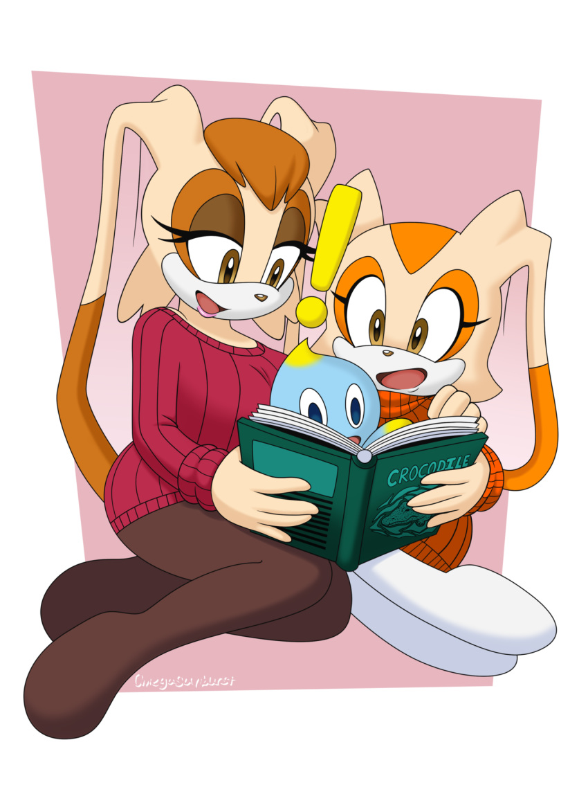 book clothing cream_the_rabbit female female/female group hi_res lagomorph leporid mammal omegasunburst rabbit sonic_the_hedgehog_(series) sweater topwear vanilla_the_rabbit