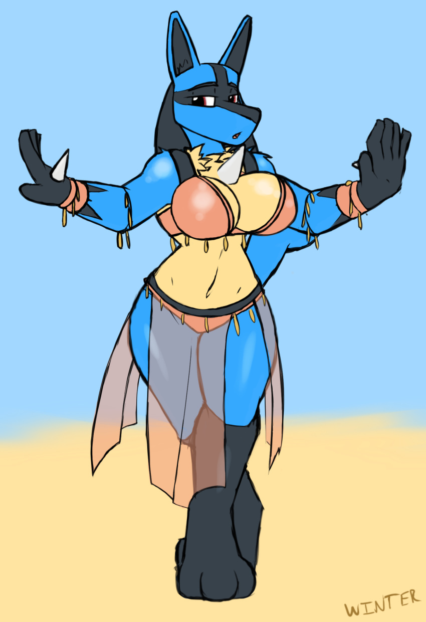 anthro belly_dancer big_breasts blue_body blue_fur breasts canid canine cleavage clothed clothing dancing female fur hi_res looking_at_viewer lucario mammal midriff multicolored_body nintendo pok&eacute;mon pok&eacute;mon_(species) simple_background solo video_games winter_(artist)