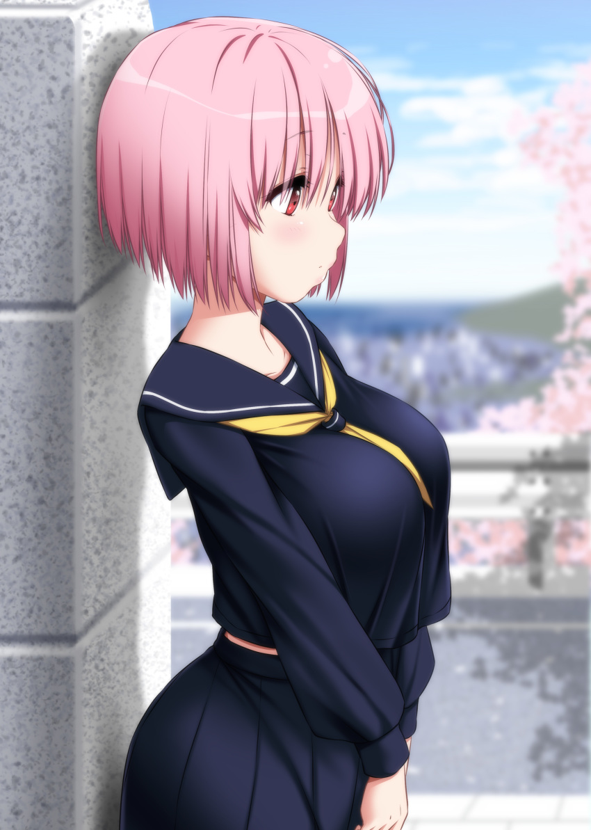 1girl against_wall bangs blue_sailor_collar blue_serafuku blue_shirt blue_skirt blue_sky blurry blurry_background blush breasts brick_wall cherry_blossoms commentary_request cowboy_shot day eyebrows_visible_through_hair from_side highres large_breasts long_sleeves neckerchief nori_tamago outdoors pink_hair red_eyes saigyouji_yuyuko sailor_collar school_uniform serafuku shirt short_hair skirt skirt_set sky solo touhou v_arms yellow_neckwear