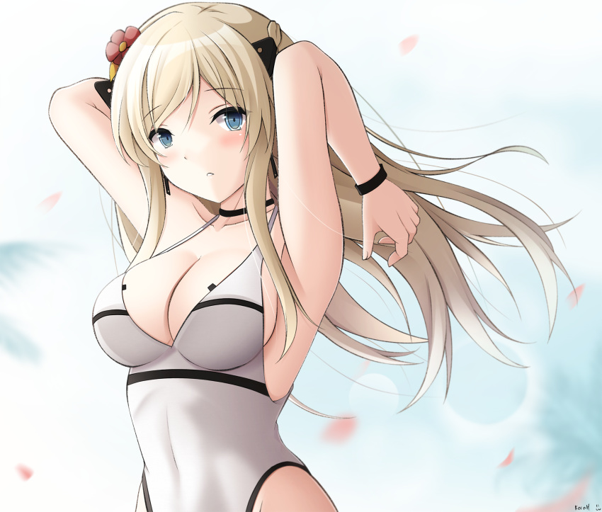 1girl armpits blonde_hair blue_eyes blush bow bracelet breasts choker cleavage collarbone earrings floral_background flower girls_frontline hair_bow hair_flower hair_ornament highres jewelry k5_(girls_frontline) keenh long_hair looking_at_viewer medium_breasts simple_background solo swimsuit white_swimsuit