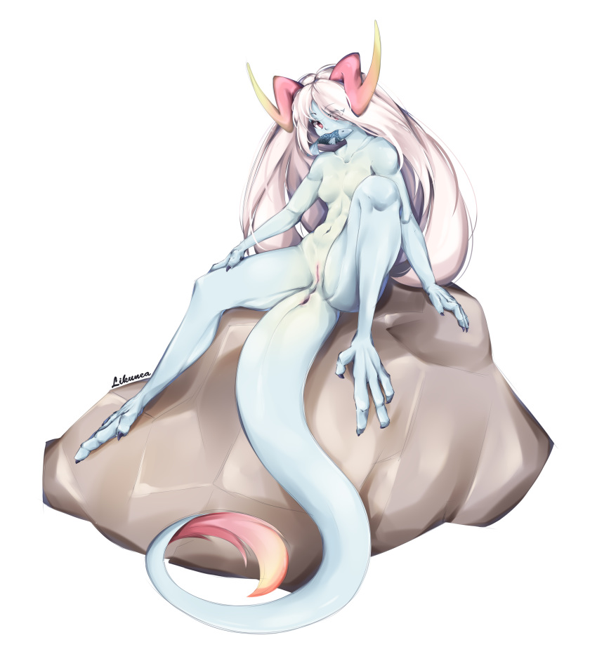 absurd_res animal_humanoid anthro anus breasts colored dragon dragon_humanoid feathers female fish genitals hair hi_res horn humanoid likunea long_hair looking_at_viewer marine monster_girl_(genre) presenting presenting_anus presenting_breasts presenting_pussy pussy rock sign signature simple_background solo solo_focus tail_feathers white_background white_hair