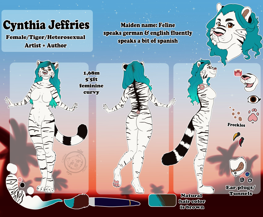 absurd_res anthro cynthiafeline domestic_cat dyed-hair english_text felid feline felis female hi_res mammal model_sheet pantherine solo text tiger