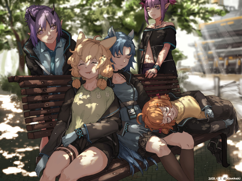 5girls absurdres ahoge animal_ears animal_print arknights artist_name beagle_(arknights) bench black_dress black_footwear black_jacket black_legwear black_shorts blonde_hair blue_dress blue_gloves blue_hair blue_neckwear blue_shirt blurry blurry_background blush boots breasts bunny_ears bunny_print closed_eyes collared_shirt dated day demon_horns dress drooling eyelashes fang_(arknights) glasses gloves green_shirt hair_ornament hair_ribbon hairclip hibiscus_(arknights) highres horns horse_ears jacket jewelry kneehighs kroos_(arknights) lap_pillow lava_(arknights) leaning_forward light_smile lying medium_breasts medium_hair midriff multiple_girls multiple_rings name_tag navel necktie off_shoulder on_side open_mouth orange_hair outdoors ponytail purple_eyes purple_hair purple_skirt red-tinted_eyewear ribbon ring saliva shade shirt short_dress short_hair short_shorts short_twintails shorts siblings sidelocks sisters sitting skirt sleeping small_breasts smile standing sunlight sweater t-shirt thigh_strap thighs trait_connection tree tress_ribbon turtleneck turtleneck_sweater twins twintails twitter_username wing_collar wristband xia_oekaki yellow_sweater