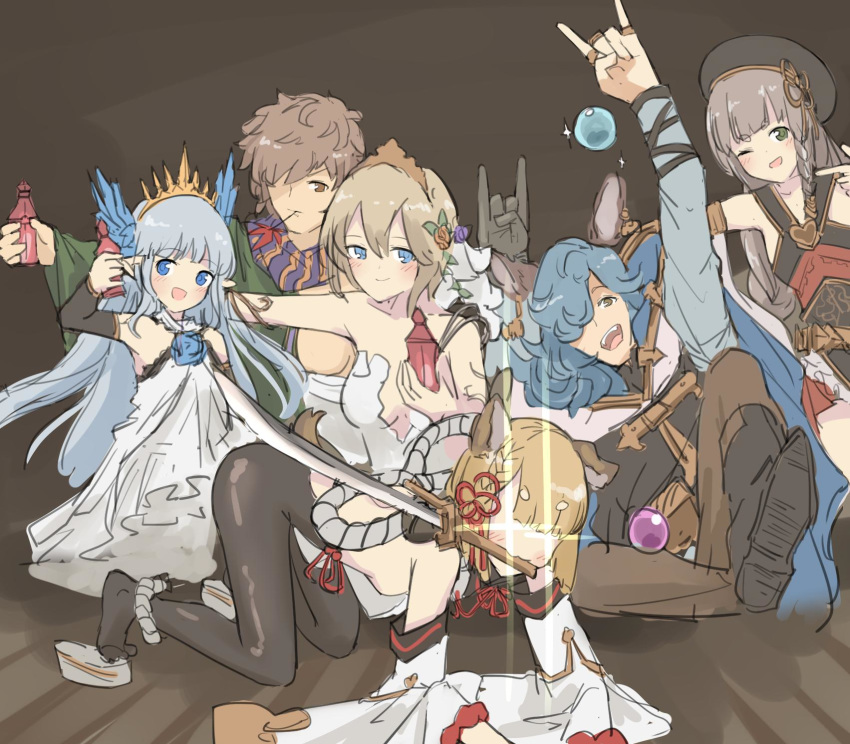 2boys 4girls animal_ears blush dog_ears drang_(granblue_fantasy) erune europa_(granblue_fantasy) glowing glowing_eyes gran_(granblue_fantasy) granblue_fantasy group_picture highres holding holding_sword holding_weapon kengou_(granblue_fantasy) lily_(granblue_fantasy) lyrinne multiple_boys multiple_girls on_floor pantyhose pholia pointing potion reference_work sword vajra_(granblue_fantasy) weapon