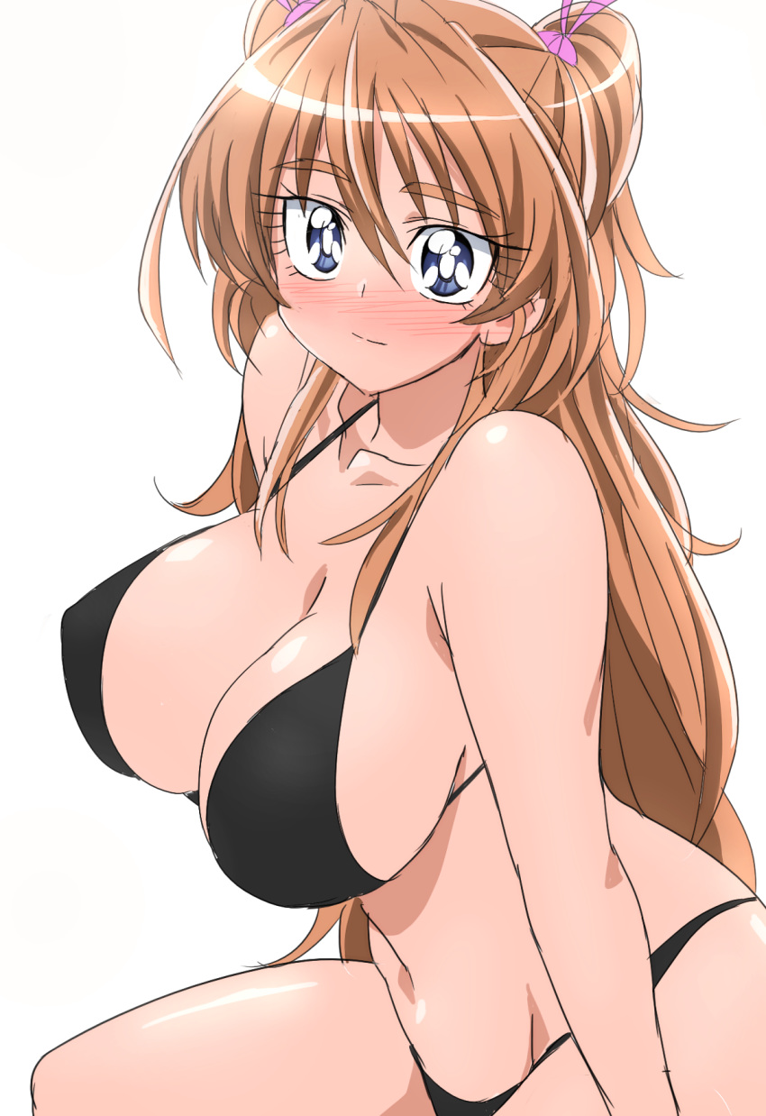 bikini black_bikini blue_eyes blush breasts brown_hair cleavage eyebrows_visible_through_hair highres houjou_hibiki large_breasts long_hair manji_(tenketsu) navel precure sitting suite_precure swimsuit two_side_up white_background