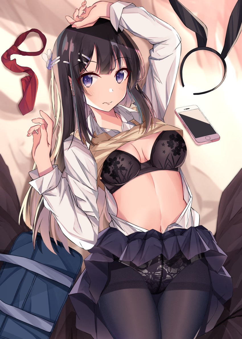 bra cleavage norazura open_shirt pantsu pantyhose sakurajima_mai seifuku seishun_buta_yarou_series shirt_lift skirt_lift sweater