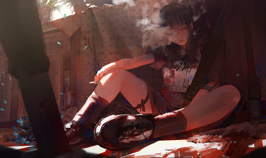 1girl bangs black_footwear black_ribbon blood bloody_clothes blue_flower blunt_bangs cabinet cigarette flower gun half-closed_eyes holding holding_cigarette holding_gun holding_weapon idoukunn indoors light_particles light_rays long_hair maid maid_headdress original petals plant potted_plant ribbon sitting smoke smoking weapon