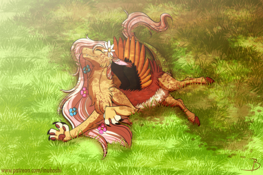 accessory bird's-eye_view chimera claws draconequus fan_character female flower flower_in_hair grass hair hair_accessory hi_res high-angle_view hooves hybrid inuhoshi-to-darkpen lying my_little_pony paws pink_hair plant relaxing serenity_(oc) shade