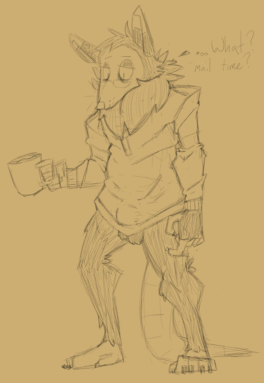 absurd_res anthro beverage bottomless clothed clothing coffee coffee_mug didelphid diktiel eyewear glasses hi_res male mammal marsupial neck_tuft opposable_toe solo standing text thick_tail tired tuft virginia_opossum wist_(diktiel)